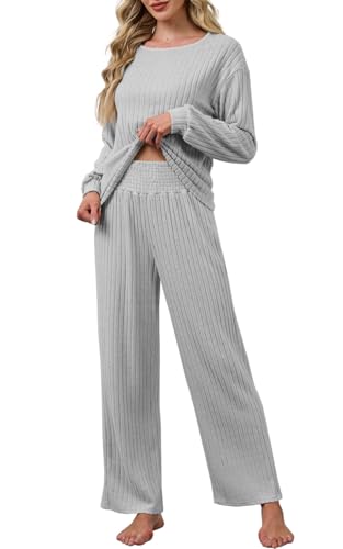 CheChury Zweiteiler Damen Elegant Lounge Set Freizeitanzug Damen Loungewear Set Shirt Langarm mit Hose 2 Teiler Hausanzug Jogginganzug Herbst Outfits Tracksuit Trainingsanzug Sportanzug,Grau,S von CheChury