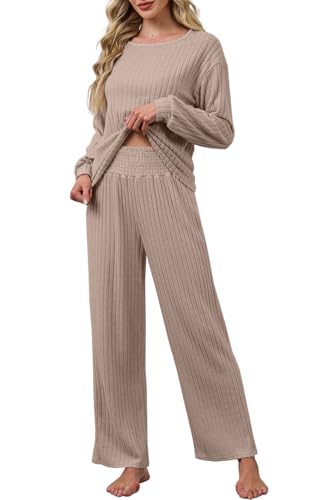 CheChury Zweiteiler Damen Elegant Lounge Set Freizeitanzug Damen Loungewear Set Shirt Langarm mit Hose 2 Teiler Hausanzug Jogginganzug Herbst Outfits Tracksuit Trainingsanzug Sportanzug,Khaki,XL von CheChury