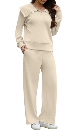 CheChury Zweiteiler Damen Elegant Trainingsanzug Hausanzug Dick Freizeitanzug Warm Winter Outfits Damen Jogginganzug Set Sweatshirt mit Halbem Reißverschluss Tracksuit Langarm Lounge Set,Beige,S von CheChury