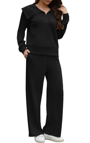 CheChury Zweiteiler Damen Elegant Trainingsanzug Hausanzug Dick Freizeitanzug Warm Winter Outfits Damen Jogginganzug Set Sweatshirt mit Halbem Reißverschluss Tracksuit Langarm Lounge Set,Schwarz,L von CheChury