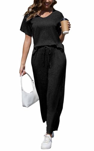 CheChury Zweiteiler Damen Freizeit Set Summer Lange Loungewear Set Einfarbig Oversize Lounge Set V-Ausschnitt Schlafanzug Rippen Kurzarm Pyjama Streatwear Hausanzug Sets Freizeithose Outfit,SchwarzXXL von CheChury