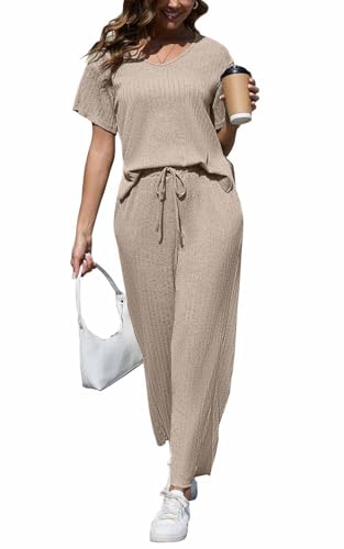 CheChury Zweiteiler Damen Freizeit Set Summer Lange Loungewear Set Einfarbig Oversize Lounge Set V-Ausschnitt Schlafanzug Rippen Kurzarm Pyjama Streatwear Hausanzug Sets Freizeithose Outfit,Beige,XXL von CheChury