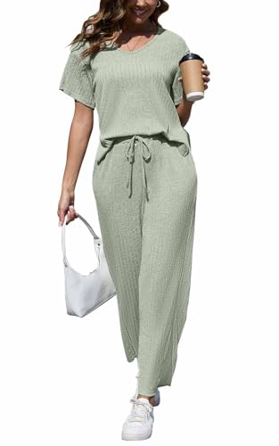 CheChury Zweiteiler Damen Lounge Set Rundhals Einfarbig Loungewear Gerippt Shirt Top Jogginghose Sets Kurzarm mit Hose 2-Teiliges Hausanzug Jogginganzug Sporthose Sleepwear Freizeit Outfit von CheChury