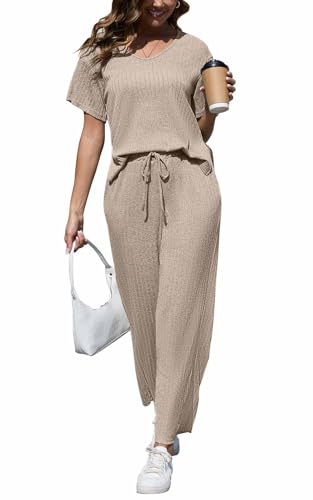 CheChury Zweiteiler Damen Lounge Set Rundhals Einfarbig Loungewear Gerippt Shirt Top Jogginghose Sets Kurzarm mit Hose 2-Teiliges Hausanzug Jogginganzug Sporthose Sleepwear Freizeit Outfit von CheChury