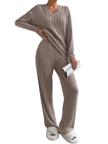 CheChury Zweiteiler Damen Lounge Set V-Ausschnitt Einfarbig Loungewear Gerippt Shirt Top Langärm mit Hose 2-Teiliges Hausanzug Jogginganzug Loungewear Nachtwäsche Hauskleidung Freizeit Outfit von CheChury