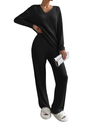 CheChury Zweiteiler Damen Lounge Set V-Ausschnitt Einfarbig Loungewear Gerippt Shirt Top Langärm mit Hose 2-Teiliges Hausanzug Jogginganzug Loungewear Nachtwäsche Hauskleidung Freizeit Outfit von CheChury