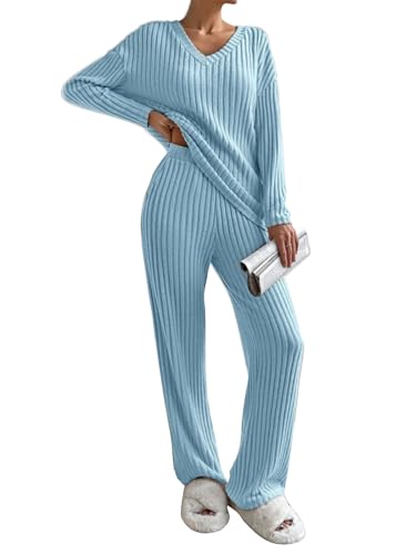 CheChury Zweiteiler Damen Lounge Set V-Ausschnitt Einfarbig Loungewear Gerippt Shirt Top Langärm mit Hose 2-Teiliges Hausanzug Jogginganzug Loungewear Nachtwäsche Hauskleidung Freizeit Outfit von CheChury
