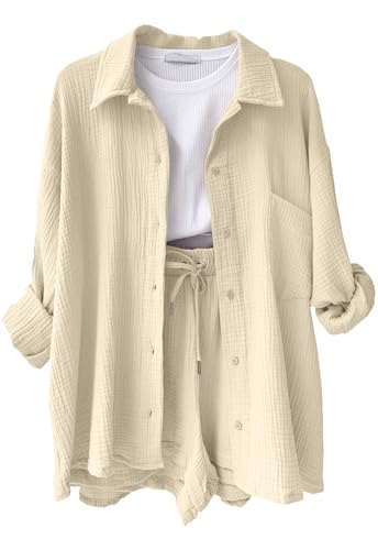 CheChury Zweiteiler Damen Sommer Kurzarm Musselin Bluse Hemd und Shorts Freizeitanzug Damen Elegant Kurz Set Women Aesthetic 2 Teiliges Frauen Strand Outfit Leicht Atmungsaktiv Loungewear Anzug von CheChury