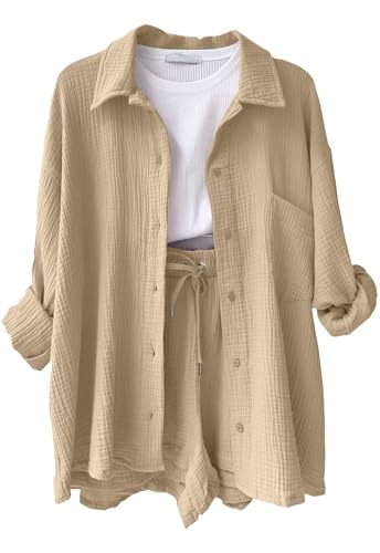 CheChury Zweiteiler Damen Sommer Kurzarm Musselin Bluse Hemd und Shorts Freizeitanzug Damen Elegant Kurz Set Women Aesthetic 2 Teiliges Frauen Strand Outfit Leicht Atmungsaktiv Loungewear Anzug von CheChury