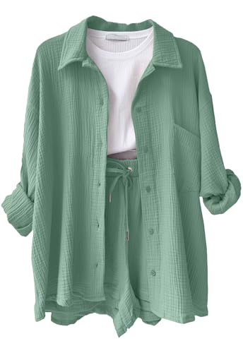 CheChury Zweiteiler Damen Sommer Kurzarm Musselin Bluse Hemd und Shorts Freizeitanzug Damen Elegant Kurz Set Women Aesthetic 2 Teiliges Frauen Strand Outfit Leicht Atmungsaktiv Loungewear Anzug von CheChury