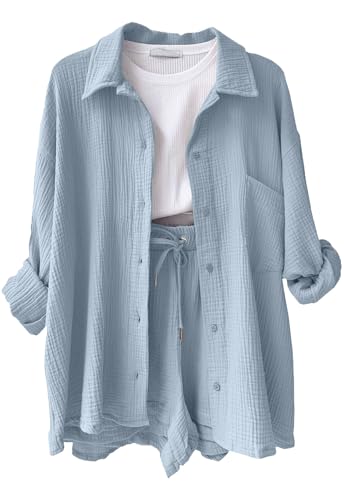 CheChury Zweiteiler Damen Sommer Kurzarm Musselin Bluse Hemd und Shorts Freizeitanzug Damen Elegant Kurz Set Women Aesthetic 2 Teiliges Damen Strand Outfit Leicht Atmungsaktiv Loungewear Anzug CheChury Zweiteiler Damen Sommer Kurzarm Musselin Bluse Hemd und Shorts Freizeitanzug Damen Elegant Kurz Set Women Aesthetic 2 Teiliges Damen Strand Outfit Leicht Atmungsaktiv Loungewear Anzug von CheChury