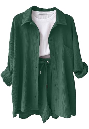 CheChury Zweiteiler Damen Sommer Kurzarm Musselin Bluse Hemd und Shorts Freizeitanzug Damen Elegant Kurz Set Women Aesthetic 2 Teiliges Frauen Strand Outfit Leicht Atmungsaktiv Loungewear Anzug von CheChury