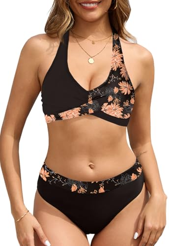CheChury Zweiteiliger Badeanzug Damen Bikini Neckholder Blumenmuster Sexy Bademode V überkreuztes Ausschnitt Bauchkontrolle Bikini Sets Bikini Push up Bikini Oberteil Swimsuit Bikinihose Strand von CheChury