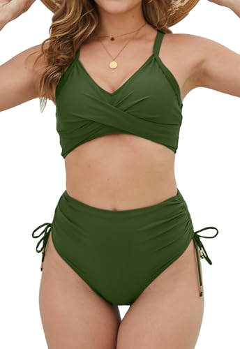 CheChury Zweiteiliger Badeanzug Damen Blumenmuster Bikini Bademode Bikini Sets Twist-Kreuz Kordelzug Side Bikini Sets Push Up Bikini BadeanzüGe Curvy Strandmode Kordelzug Badeanzüge Bikinis Frauen von CheChury
