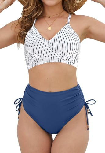 CheChury Zweiteiliger Badeanzug Damen Blumenmuster Bikini Bademode Bikini Sets Twist-Kreuz Kordelzug Side Bikini Sets Push Up Bikini BadeanzüGe Curvy Strandmode Kordelzug Badeanzüge Bikinis Frauen von CheChury