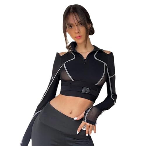 CheJooe Damen Crop Top Goth Schwarz Polo Shirts Asymmetrisch Punk Grunge y2k Motorrad Cool Girl Open Navel Langarm Straße Kleidung, Schwarz 1, L von CheJooe
