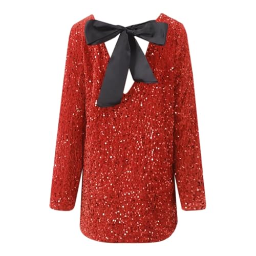 CheJooe Damen Glänzende Pailletten Bowknot Minikleid Y2K Sparkly Pailletten Kleid Langarm Lose Party Cocktail Tanz Disco Club Festival Kleider Streetwear, RD2, XL von CheJooe