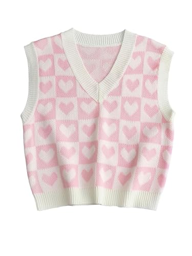 CheJooe Damen Herz Plaid Print Pullover Weste Ärmellos Pullover Strick V-Ausschnitt Ärmellos Crop Strickwaren Sport-Tanktop, pink / weiß, M von CheJooe