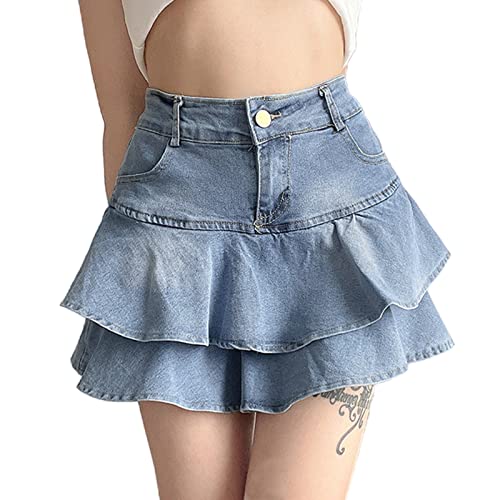 CheJooe Damen Plissee Rüschen Denim Röcke Hohe Taille A-Linie Goth Rock Slim Bodycon Mini Jeans Röcke Sommer, Blau 1, Small von CheJooe
