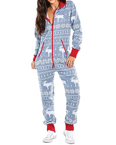 CheJooe Damen Weihnachtsstrampler Pyjama Bodysuit mit Kapuze Reißverschluss Strampler Langarm V-Ausschnitt Einteiler Knopf Zurück Klappe Bodycon, D-grau Blau, L von CheJooe