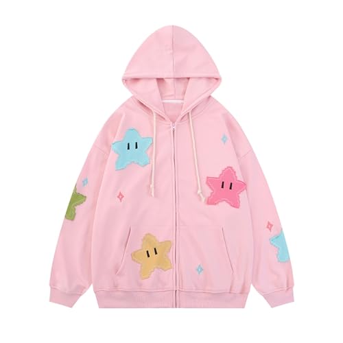 CheJooe Damen Y2k Reißverschluss Hoodie Star Grafik Plus Size Hoodie Hip Hop Ästhetik Sweatshirt Punk Gothic Jacke Street Apparel Herbst, rose, S von CheJooe