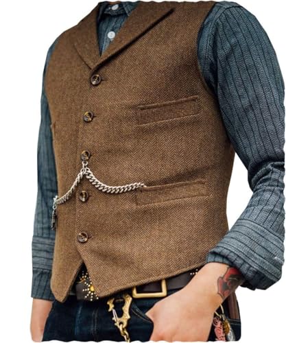 CheJooe Herrenweste Fischgrätenmuster Retro Tweed Westen Casual Ärmellose Jacke Fischgrätenmuster Einreiher Slim Fit Weste Klassische Wolle Anzugweste, braun, 4XL von CheJooe