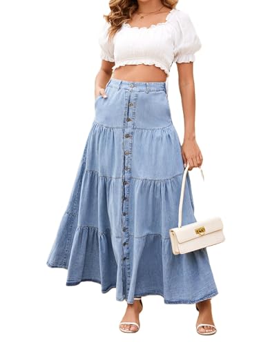 Damen 90er Jahre Retro Denim Maxirock Sommer Knopf Hohe Taille Plissee Stufig Rüschen Swing A-Linie Casual Jeans Langer Rock Ausgehen Streetwear, B-Deep Blue, S von CheJooe
