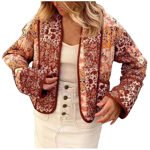 Damen Blumendruck Steppjacke Knopf Jacke Leichte Vintage Boho Print Patchwork Stickerei Jacke Oberbekleidung Herbst Winter Mantel, A05, S von CheJooe