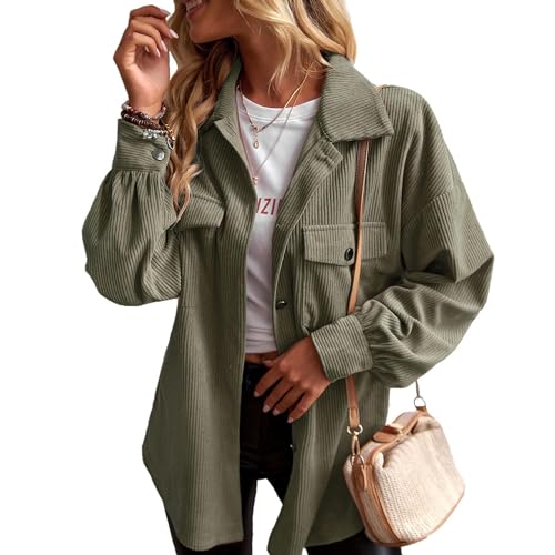 Damen Blusen Cord Knopfleiste Mantel Down Shacket Langarm Reverskragen Hemdjacke Brusttasche Casual Shirts, grün, S von CheJooe