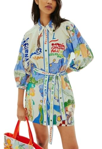 Damen Graffiti Minikleid Retro Revers V Ausschnitt Boho Kleid 3/4 Glockenärmel Gestuft Mini Babydoll Shirt Kleider French Court Style, Lang, Hellblau, S Damen Graffiti Minikleid Retro Revers V Ausschnitt Boho Kleid 3/4 Glockenärmel Gestuft Mini Babydoll Shirt Kleider French Court Style, Lang, Hellblau, S von CheJooe