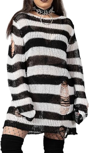 Damen Y2K Oversized Gestreifter Pullover Langarm Strick Baggy Sweater Gothic Harajuku Lose Strickpullover Jumper Tops Grunge Kleidung, schwarz / weiß, M von CheJooe