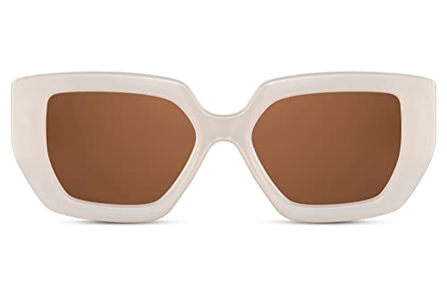 Cheapass Sonnenbrille Damen großer 6-eckiger beiger Rahmen mit braunen Gläsern UV400-geschützt von Cheapass