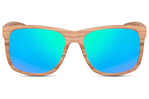 Cheapass Sonnenbrille Holz-Optik Hell-Braun Grün-Blau Verspiegelt UV-400 Recht-Eckig Plastik Damen Herren von Cheapass