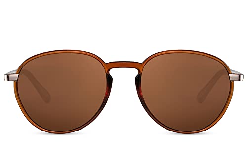 Cheapass Sonnenbrille Ikonsich klassisch runder Retro Vintagerahmen in braun mit braunen Gläsern UV400 geschützt Goldene Metallecken für Männer und Frauen 100% recycelt von Cheapass