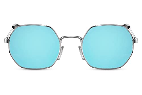 Cheapass Sonnenbrille Kleine trendige achteckige silberne Metallfassung mit recycelten blauen verspiegelten Gläsern UV400-Schutz Herren Damen von Cheapass