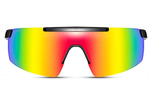 Cheapass Sonnenbrille Radsport Rennen Shield Übergröße Großer, schwarzer Rahmen mit verspiegelten Linsen in Regenbogenfarben UV400 geschützt von Cheapass