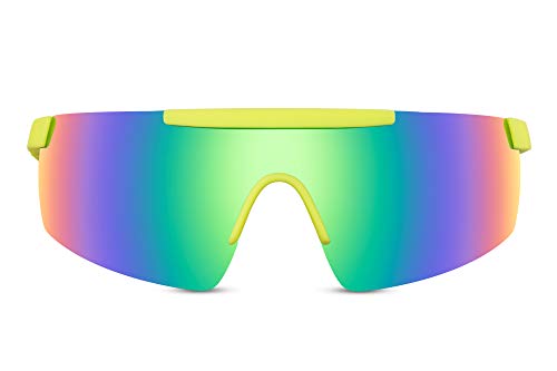 Cheapass Sonnenbrille Radsport Rennen Shield Übergröße Großer Neongelber Gummirahmen Rahmen mit verspiegelt Linsen in Regenbogenfarben UV400 protected von Cheapass