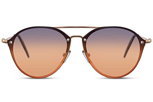 Cheapass Sonnenbrille Rund Pilot Doppelbrücke Gold Metall mit blauen bis orangefarbenen Verlaufsgläsern UV400 geschützt von Cheapass