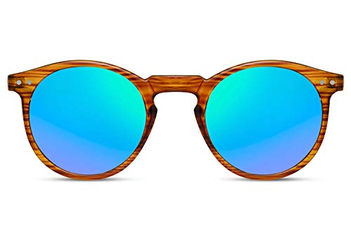 Cheapass Sonnenbrille Runder transparenter Woodlook-Rahmen mit grün verspiegelten Gläsern UV400-geschützte Vintage Mens Womens von Cheapass