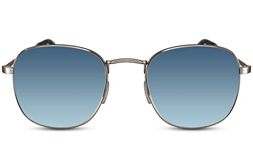 Cheapass Sonnenbrille für Herren und Damen schmales Modell mit runden, recycelten UV400-Gläser in blau und silbernen Metallbügeln von Cheapass