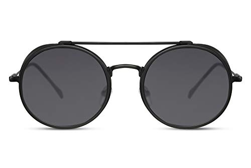 Cheapass Sonnenbrille Klassisch Rund Schwarz Metall mit grauen Linsen und extrem coolen Seitenklappen UV400 für Festival Männer von Cheapass