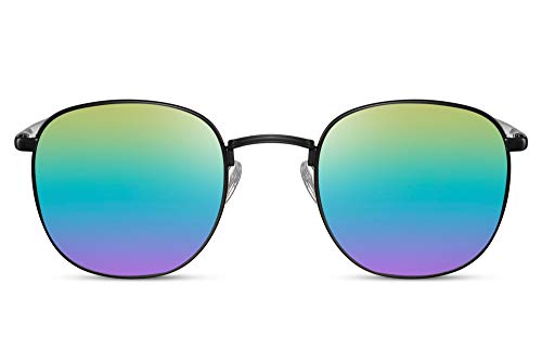 Cheapass Sonnenbrille Rund Schwarz Metall mit flexiblen Schanieren von hoher Qualität Retro Vintage Rainbow verspiegelte Linsen UV400 geschützt Männer Frauen von Cheapass