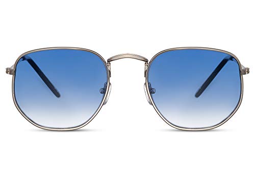 Cheapass Sonnenbrille Sechseckig Sunglasses Silber Rahmen dunkelblaue Verlaufsgläser UV400 geschützt Männer Frauen von Cheapass