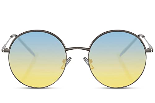 Cheapass Sonnenbrille Brille für Herren und Damen rundes und farbenfrohes Festivalmodell blau/gelbe Recycling- Gläser mit Metallrahmen von Cheapass
