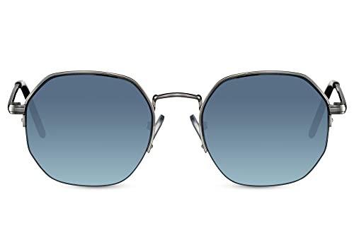 Cheapass Sonnenbrille Günstige Sonnenbrille achteckige Sonnenbrille mit silbernem Metallrahmen und halbrandlosen blauen Gläsern mit Farbverlauf UV400-geschützt Herren Damen von Cheapass