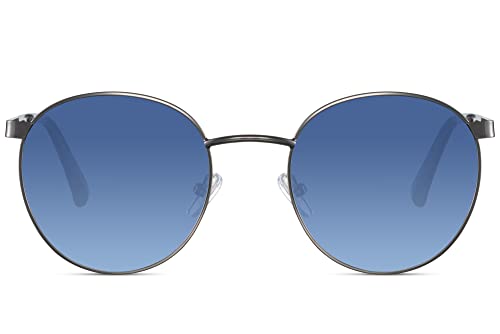Cheapass Sonnenbrille Günstige Sonnenbrille runde, silberfarbene Metall-Festival-Sonnenbrille mit blau verlaufenden Gläsern UV400-Schutz für Herren und Damen von Cheapass