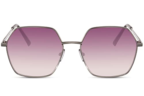 Cheapass Sonnenbrille sechseckiges Modell für Damen im Vintagestil, Funky Silber Metallrahmen mit recycelten lila Augenschutzgläsern von Cheapass