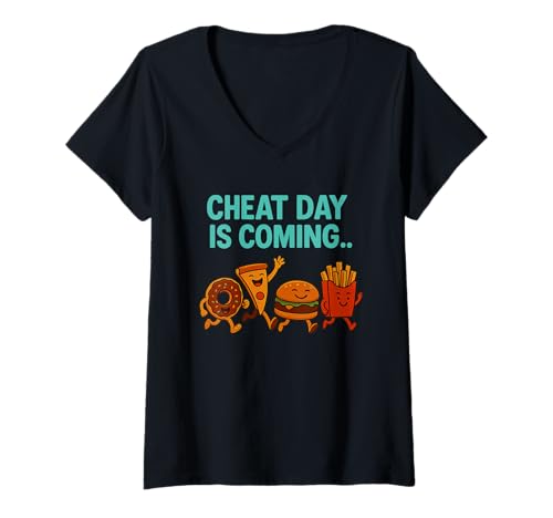 Damen Cheat Day is Coming - Lustige Junk Food Cartoon Pizza Fries T-Shirt mit V-Ausschnitt Damen Cheat Day is Coming - Lustige Junk Food Cartoon Pizza Fries T-Shirt mit V-Ausschnitt von Cheat Day Is Coming Funny Junk Food Cartoon