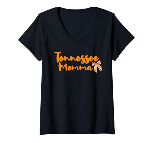 Damen Cute Tennessee Momma with Bow – Orange and White Checkered T-Shirt mit V-Ausschnitt Damen Cute Tennessee Momma with Bow – Orange and White Checkered T-Shirt mit V-Ausschnitt von Checkered Charm Apparel