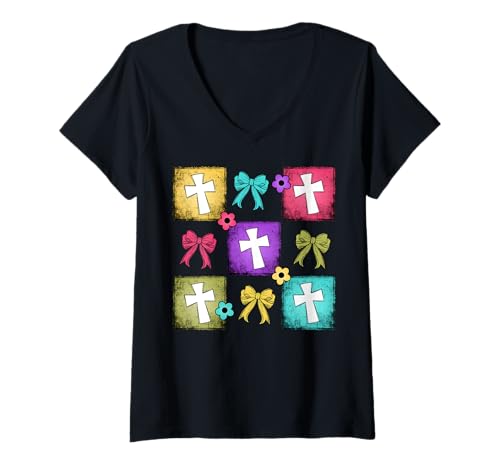 Damen Kariertes Kreuz Ostern T-Shirt mit V-Ausschnitt Damen Kariertes Kreuz Ostern T-Shirt mit V-Ausschnitt von Checkered Cross Easter Jesus Bible Church Gift
